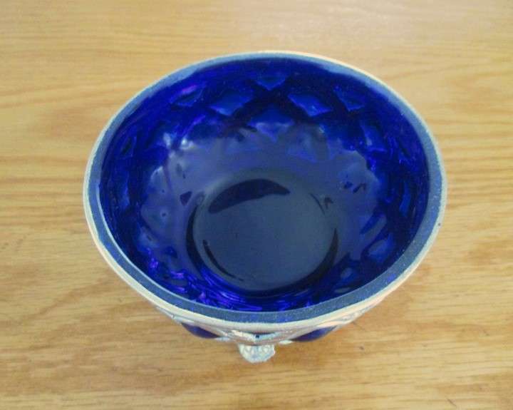 Lovely vintage Indian silver metal footed candy dish with blue glass inner