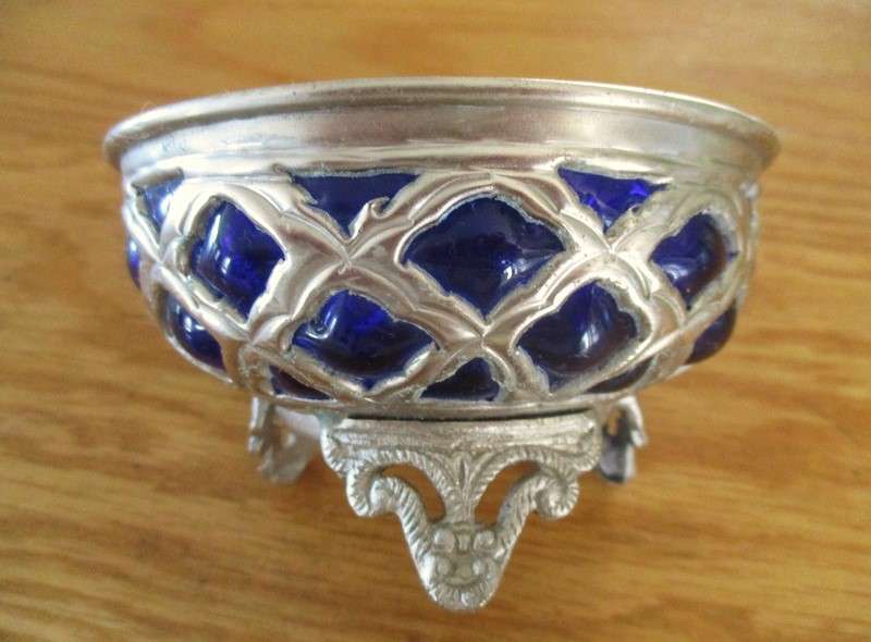 Lovely vintage Indian silver metal footed candy dish with blue glass inner