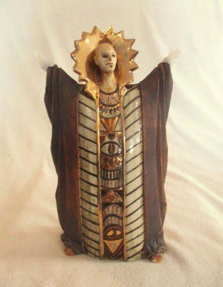 Awesome mystical stoneware ceramic with oxides sculpture  by South African artist Erna Dry