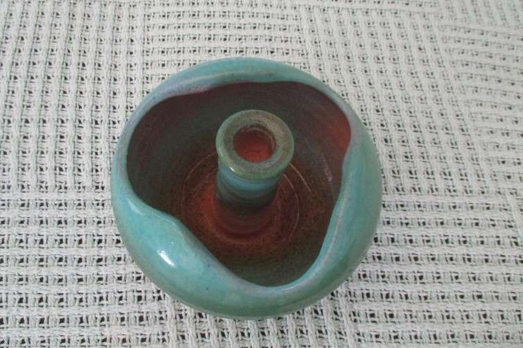 Beautiful turquoise glazed pottery candle holder cum vase - great centre piece
