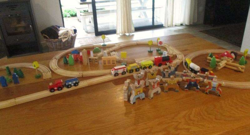 Awesome very large vintage wooden train set - 106 pieces with three different locomotives