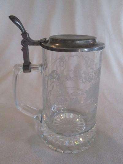 For the golfer - vintage Domex, Germany etched glass stein with pewter lid - golfing scene