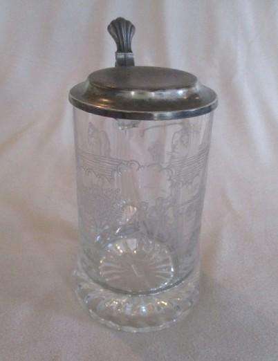 For the golfer - vintage Domex, Germany etched glass stein with pewter lid - golfing scene