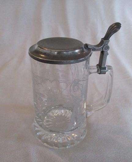 For the golfer - vintage Domex, Germany etched glass stein with pewter lid - golfing scene