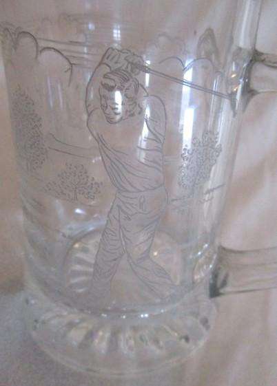 For the golfer - vintage Domex, Germany etched glass stein with pewter lid - golfing scene