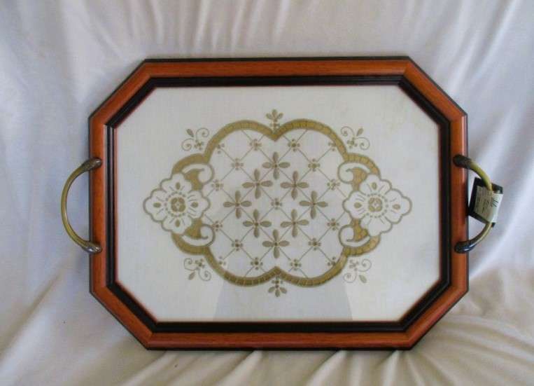 Handmade in Madeira - stunning wood and brass serving tray with embroidered cloth under glass