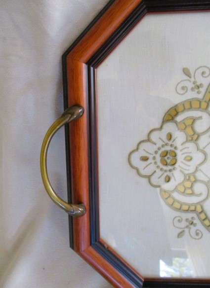 Handmade in Madeira - stunning wood and brass serving tray with embroidered cloth under glass