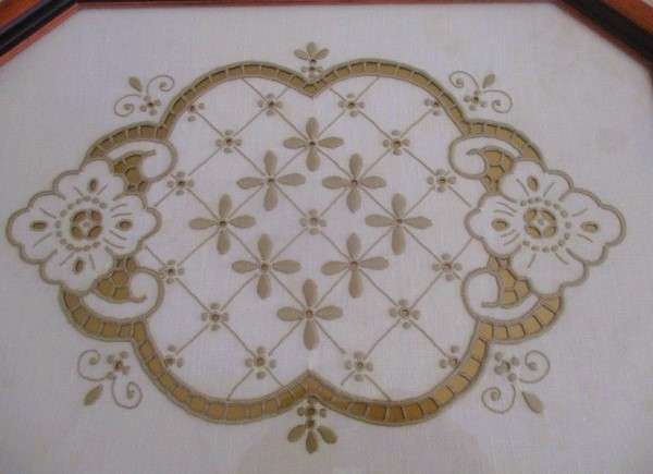 Handmade in Madeira - stunning wood and brass serving tray with embroidered cloth under glass