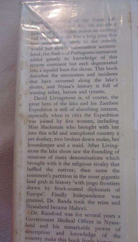 Livingstone's lake The Drama of Nyasa by Oliver Ransford - hard cover plus dust cover