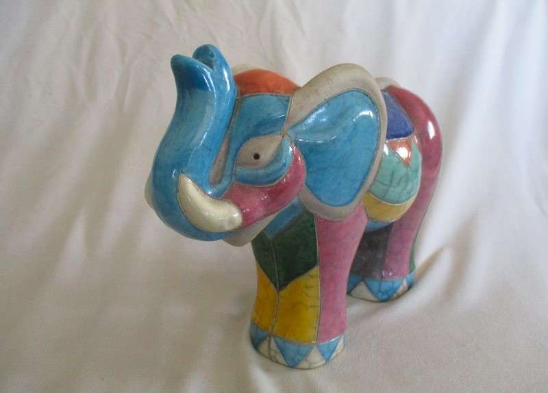 Very large collectable Raku elephant - signed by artist - awesome colours!