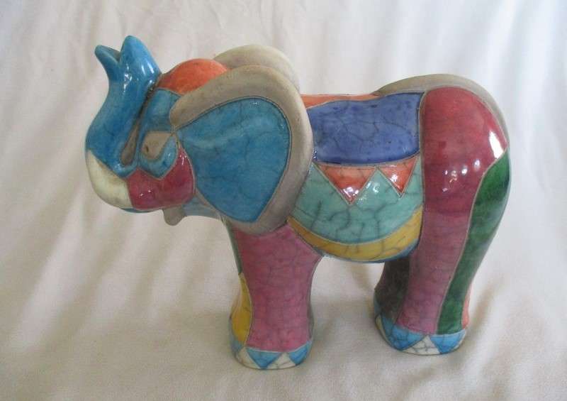 Very large collectable Raku elephant - signed by artist - awesome colours!