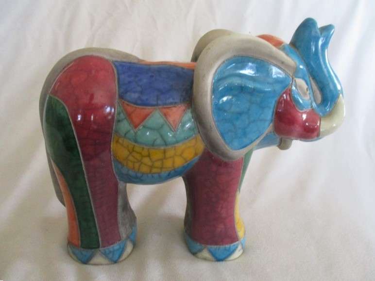 Very large collectable Raku elephant - signed by artist - awesome colours!