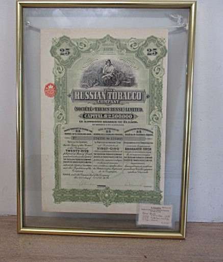Interesting find!  1915 original, uncancelled share certificate - The Russian Tobacco Company