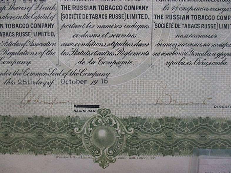 Interesting find!  1915 original, uncancelled share certificate - The Russian Tobacco Company