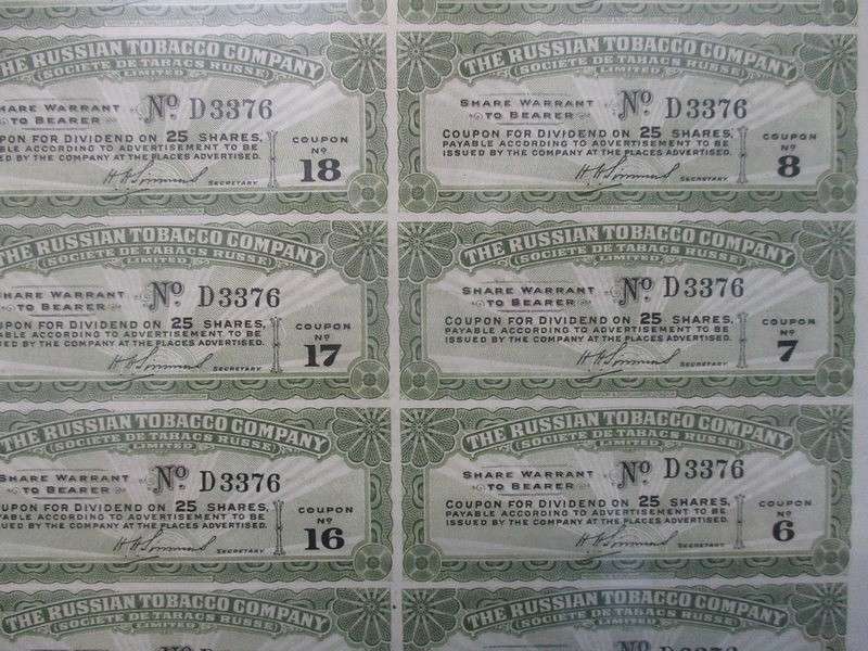 Interesting find!  1915 original, uncancelled share certificate - The Russian Tobacco Company