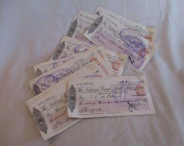 Batch of 25 antique 1926/27 National Bank of South Africa cheques in consecutive order
