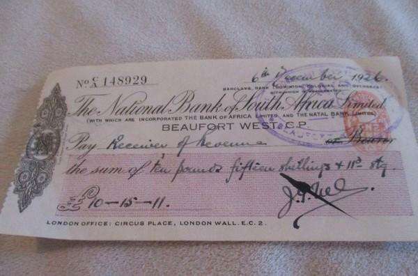 Batch of 25 antique 1926/27 National Bank of South Africa cheques in consecutive order
