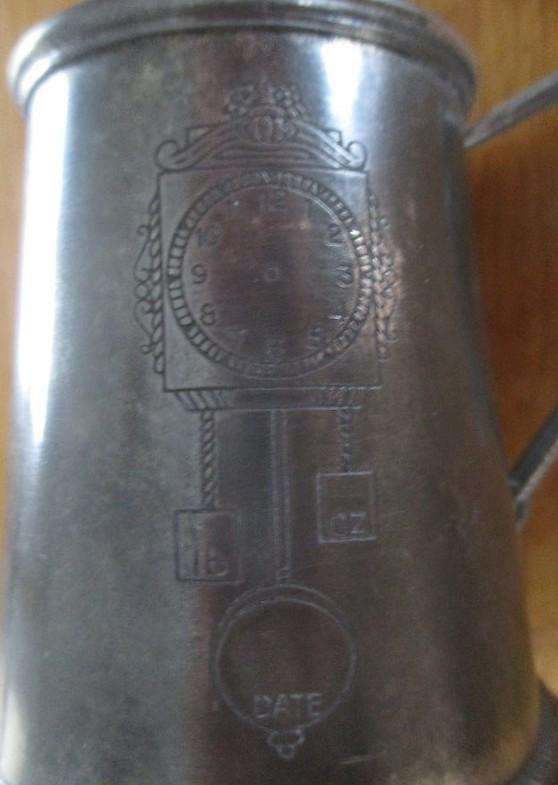 Vintage Sheffield, England Pewter Christening Mug with Stork handle and engraved clock