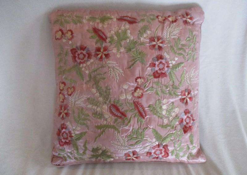 Stunning copiously embroidered dusty pink cushion with floral design