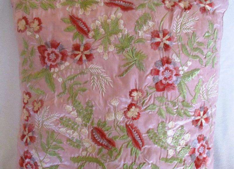 Stunning copiously embroidered dusty pink cushion with floral design