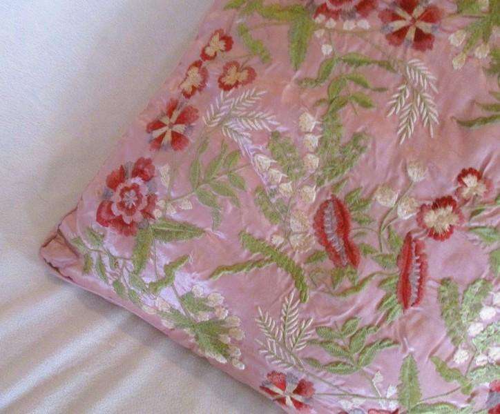 Stunning copiously embroidered dusty pink cushion with floral design