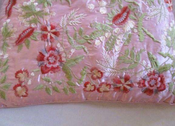 Stunning copiously embroidered dusty pink cushion with floral design