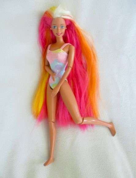 1990's articulated Mattel Barbie doll with very long, soft rainbow hair - Hula Barbie?