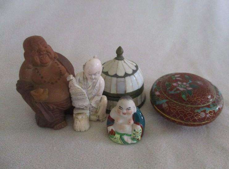 A batch of five small vintage bone/tusk, metal and ceramic Chinese collectables