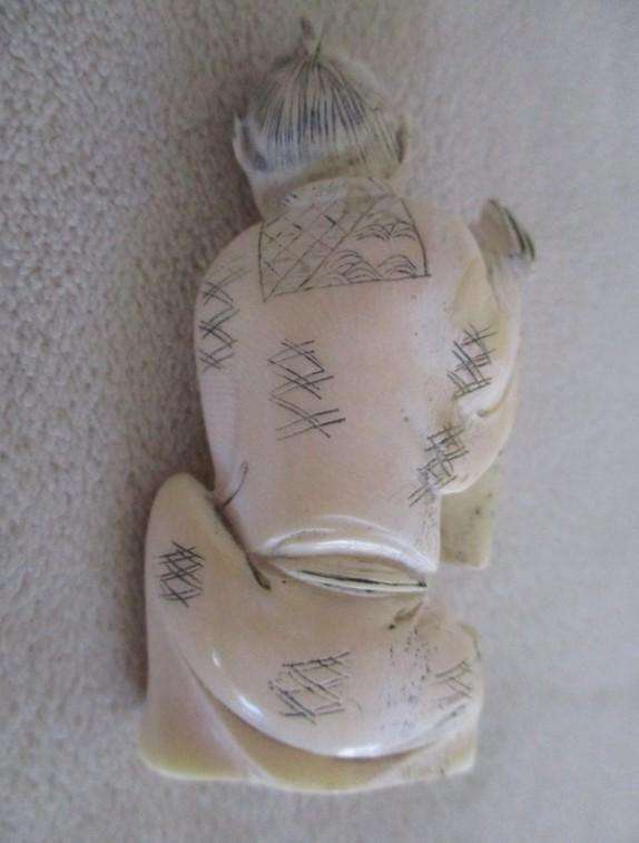 A batch of five small vintage bone/tusk, metal and ceramic Chinese collectables