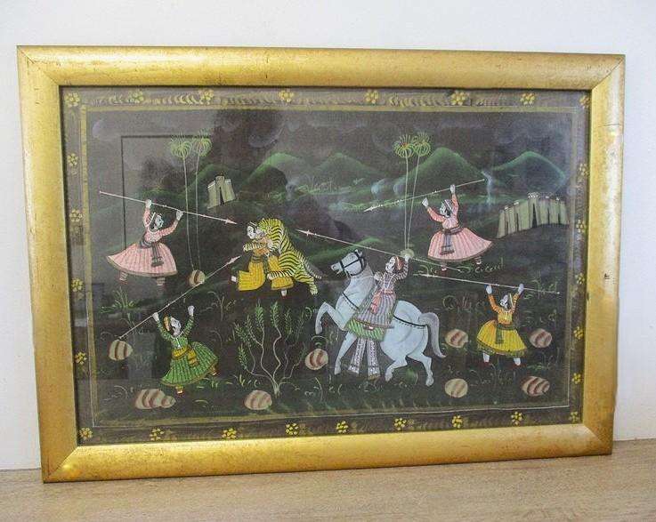 Large vintage/antique Indo-Persian Mughal painting - Maharajah Tiger Hunt (ignore reflections)