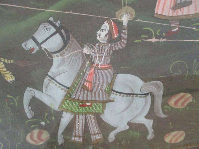 Large vintage/antique Indo-Persian Mughal painting - Maharajah Tiger Hunt (ignore reflections)