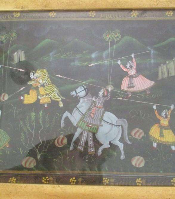 Large vintage/antique Indo-Persian Mughal painting - Maharajah Tiger Hunt (ignore reflections)
