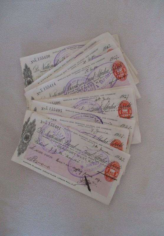 Batch of 22 antique 1927 National Bank of South Africa cheques in consecutive order