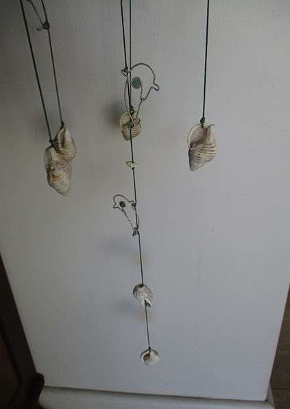 A breezy and decorative seashell and string hanger