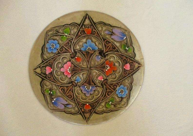 Gorgeous hand enamelled Turkish copper plate with intricate central mandalla