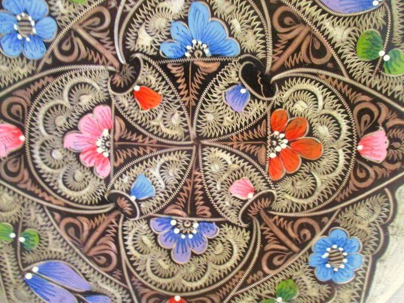 Gorgeous hand enamelled Turkish copper plate with intricate central mandalla