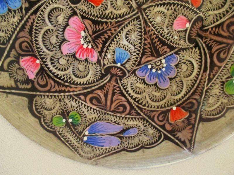 Gorgeous hand enamelled Turkish copper plate with intricate central mandalla