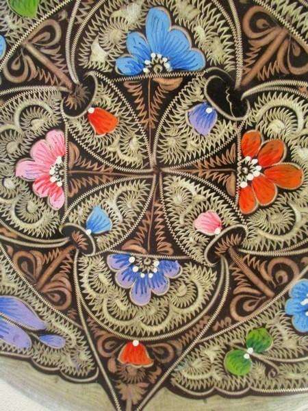Gorgeous hand enamelled Turkish copper plate with intricate central mandalla