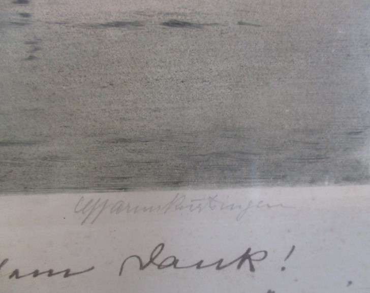 An old print/lithograph of ship originally signed in pencil dated 2 January 1935