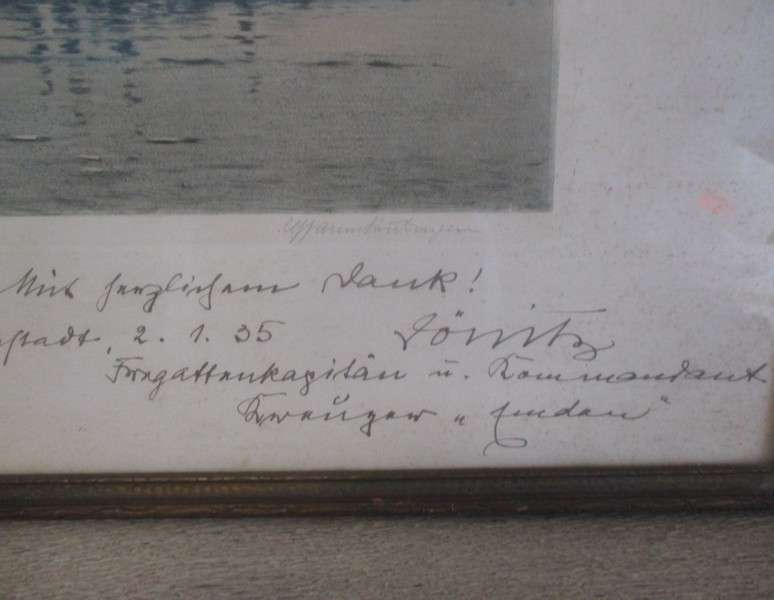 An old print/lithograph of ship originally signed in pencil dated 2 January 1935