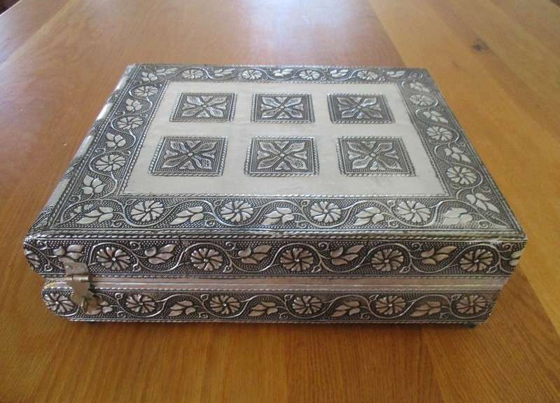 Very large vintage Vaibhav, South India ornately embossed jewellery  box with tiered tray