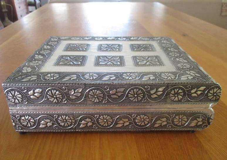 Very large vintage Vaibhav, South India ornately embossed jewellery  box with tiered tray