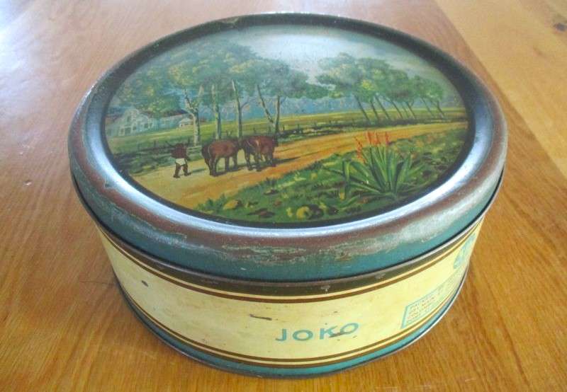 Rare find! Antique lithographed early days Joko Tea tin (cake tin size) with South African scene