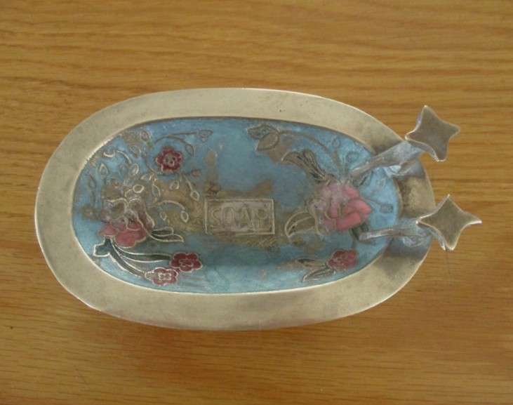 Vintage enamelled solid brass soap dish - bath tub shape