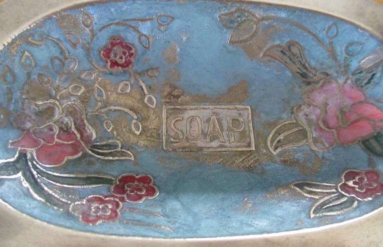 Vintage enamelled solid brass soap dish - bath tub shape