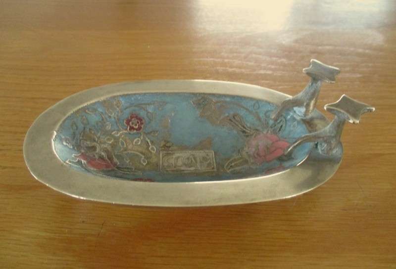 Vintage enamelled solid brass soap dish - bath tub shape