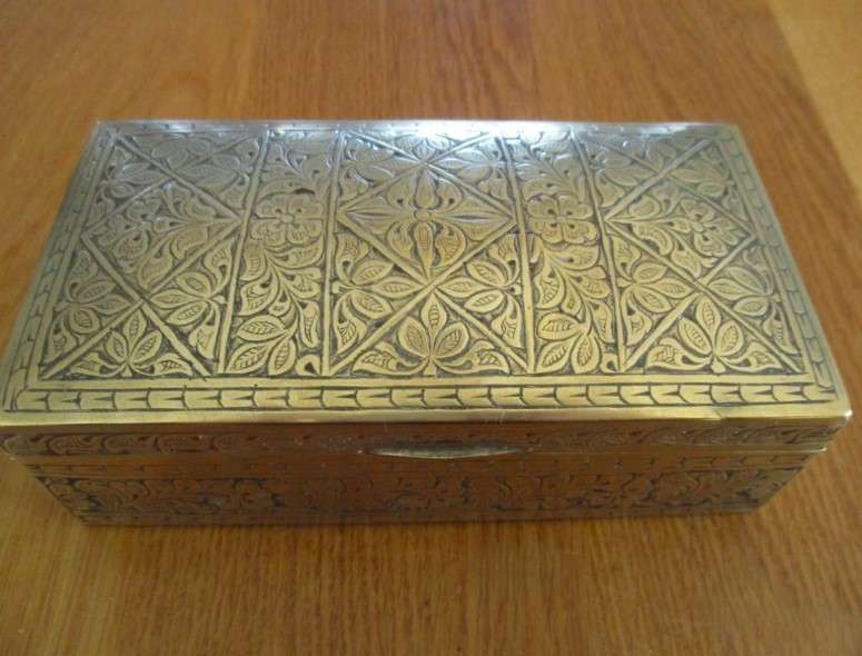 1. - A vintage/antique beautifully engraved solid brass cigar/keepsake box - wood lined