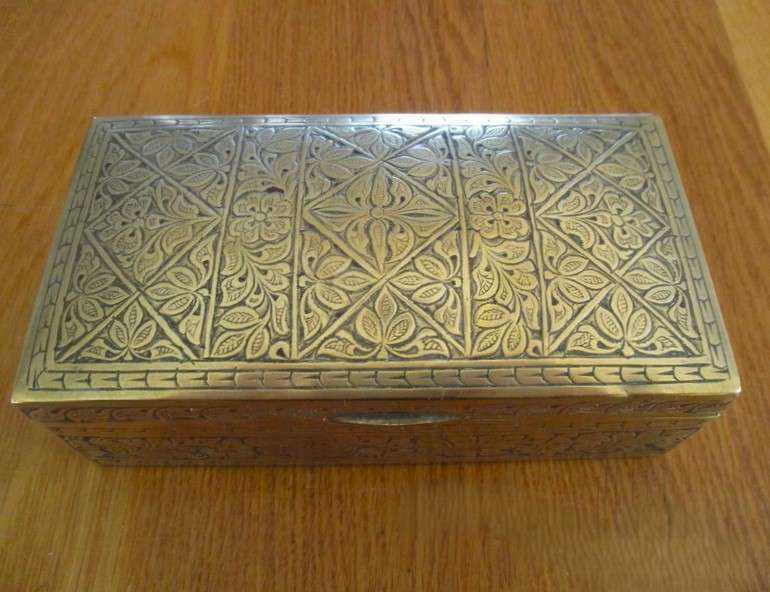 1. - A vintage/antique beautifully engraved solid brass cigar/keepsake box - wood lined