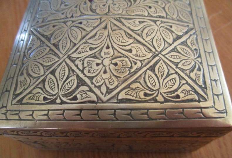 1. - A vintage/antique beautifully engraved solid brass cigar/keepsake box - wood lined