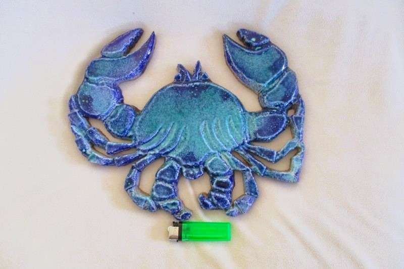 Stunning large hand made Buxi glazed art pottery crab for your beach house, kitchen, patio or garden